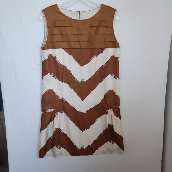 Tibi New York Silk Dress Brown Cream Shift Style Popover Lined Womens 2 - Picture 6 of 12
